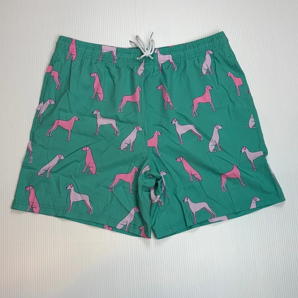 Mens Tropical Dog Print Swim Trunks Teal‎ Pink Retro Preppy Board Shorts
